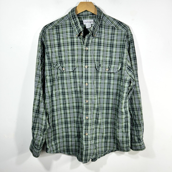 Carhartt Button Down Plaid Shirt Mens L 16.5 x 32 Fort Green Long Sleeve - Picture 1 of 8